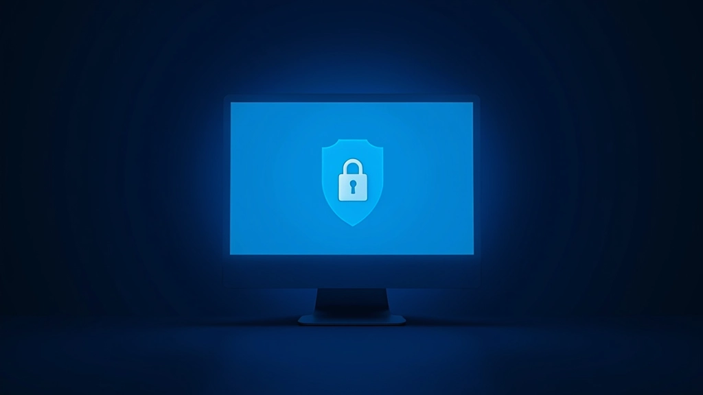 Ecrã de computador com escudo de proteção e símbolo de segurança digital brilhante, interface de segurança moderna