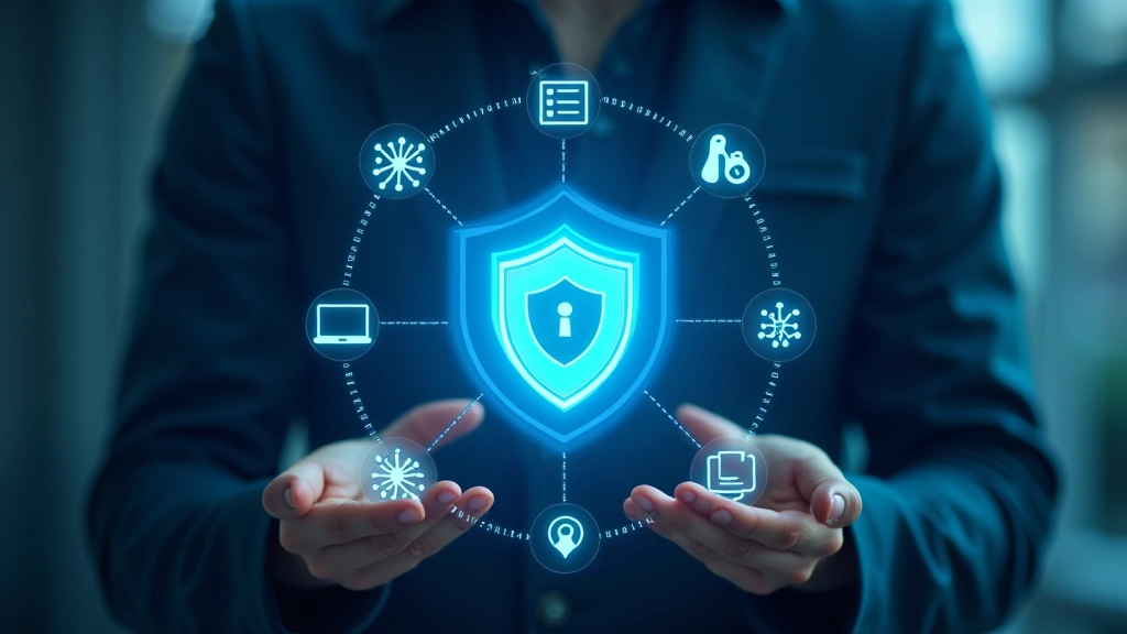 Diagrama mostrando diferentes tipos de ameaças de cibersegurança: phishing, malware, roubo de dados, com ícones de proteção ao redor