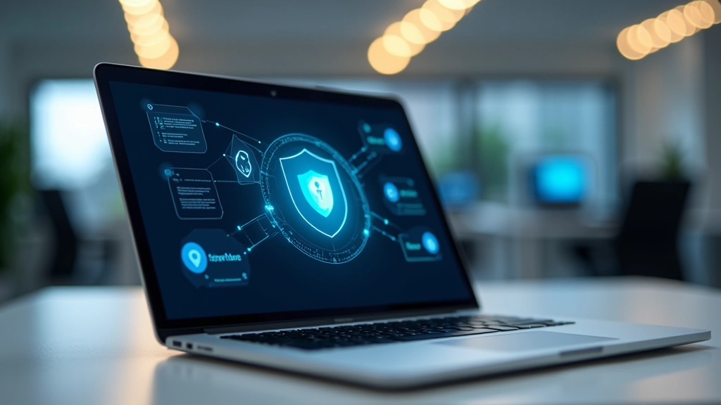Computador portátil numa secretária com ícones de segurança na tela, simbolizando proteção de dados
