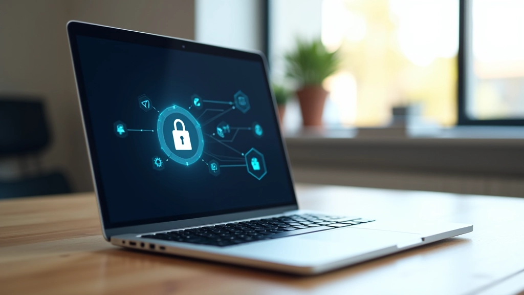 Computador portátil protegido com cadeado digital e ícones de segurança, representando proteção de dados